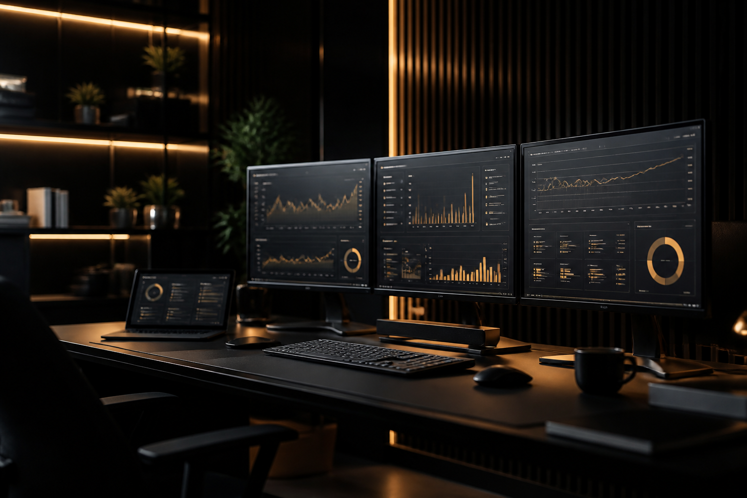 Modern IT marketing workspace with analytics displays