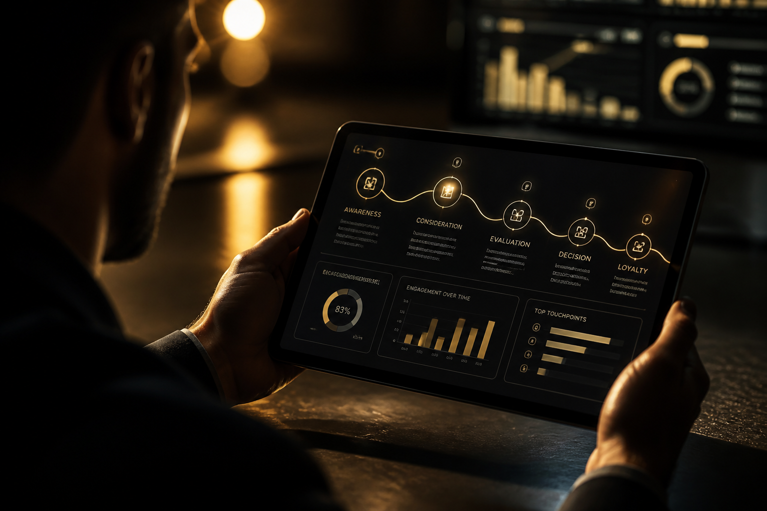 Technology buyer navigating multiple digital touchpoints on a tablet