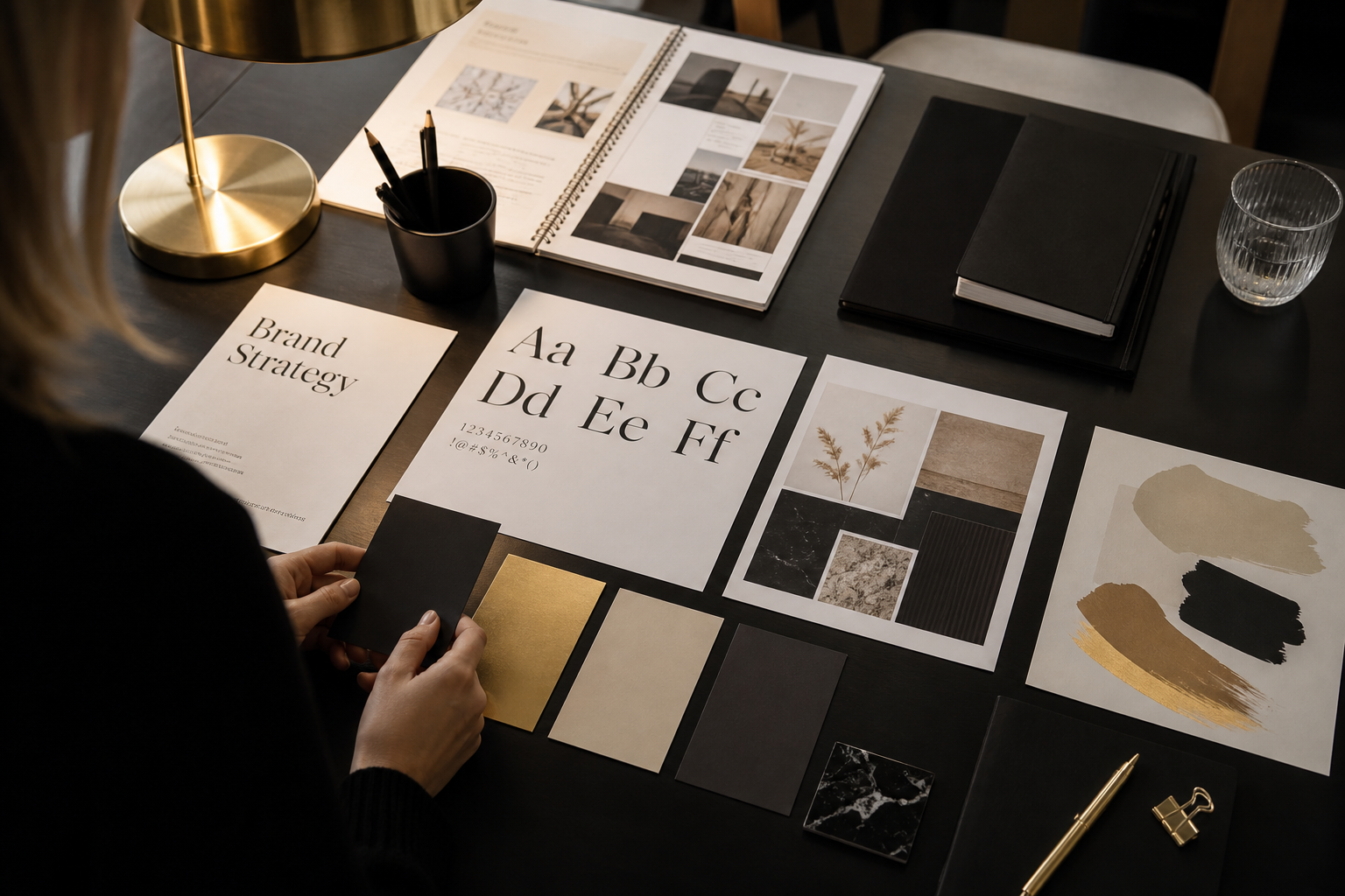Brand strategy session with mood boards and typography samples